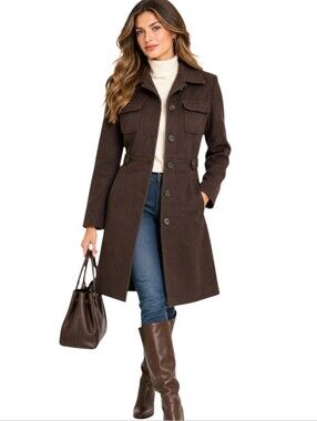 Charles Klein Wool Blend Coat Women 10 Brown Tailored Utility Military Y2K